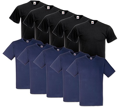 Fruit of the Loom 10 T Shirts V-Neck M L XL XXL V-Ausschnitt Diverse Farben auswählbar (M, 5Schwarz/5Deep Navy) von Fruit of the Loom