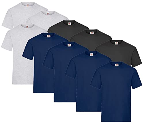 Fruit of the Loom 10 T Shirts Heavy Cotton M L XL XXL Diverse Farben auswählbar, Farbe:4X Navy + 3X Schwarz + 3X Grau + 1 HL Kauf Notizblock, Größe:3XL von Fruit of the Loom