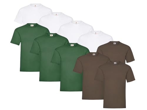 Fruit of the Loom 10 T Shirts Heavy Cotton M L XL XXL Diverse Farben auswählbar, Farbe:4X Weiss + 3X Schoko + 3X FL.Grün + 1 HL Kauf Notizblock, Größe:XXL von Fruit of the Loom