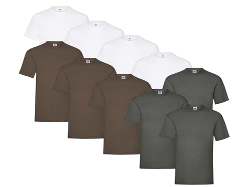 Fruit of the Loom 10 T Shirts Heavy Cotton M L XL XXL Diverse Farben auswählbar, Farbe:4X Weiss + 3X Schoko + 3X Graphit + 1 HL Kauf Notizblock, Größe:L von Fruit of the Loom