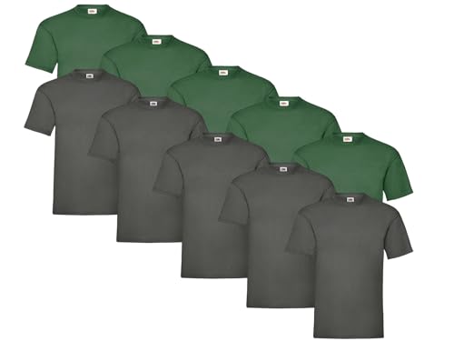 Fruit of the Loom 10 T Shirts Heavy Cotton M L XL XXL Diverse Farben auswählbar, Farbe:5X FL.Grün + 5X Graphit + 1 HL Kauf Notizblock, Größe:L von Fruit of the Loom
