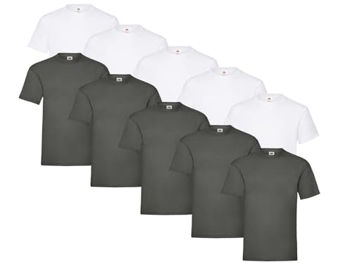Fruit of the Loom 10 T Shirts Heavy Cotton M L XL XXL Diverse Farben auswählbar, Farbe:5X Graphit + 5X Weiss + 1 HL Kauf Notizblock, Größe:L von Fruit of the Loom