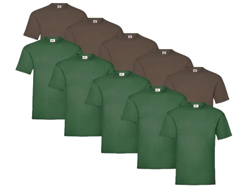 Fruit of the Loom 10 T Shirts Heavy Cotton M L XL XXL Diverse Farben auswählbar, Farbe:5X Schoko + 5X FL.Grün + 1 HL Kauf Notizblock, Größe:3XL von Fruit of the Loom