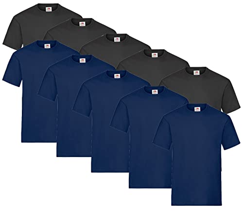 Fruit of the Loom 10 T Shirts Heavy Cotton M L XL XXL Diverse Farben auswählbar, Farbe:5X Schwarz + 5X Navy + 1 HL Kauf Notizblock, Größe:L von Fruit of the Loom