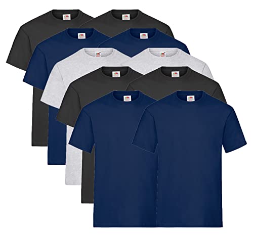 Fruit of the Loom 10 T Shirts Heavy Cotton M L XL XXL Diverse Farben auswählbar (L, 4X Navy 4X Schwarz 2X Grau + 1x HL Kauf Notizblock) von Fruit of the Loom
