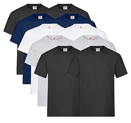Fruit of the Loom 10 T Shirts Heavy Cotton M L XL XXL Diverse Farben auswählbar (M, 4X Schwarz 2X Weiss 2X Grau 2X Navy + 1x HL Kauf Notizblock) von Fruit of the Loom