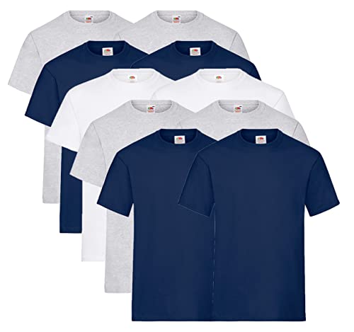 Fruit of the Loom 10 T Shirts Heavy Cotton M L XL XXL Diverse Farben auswählbar (XXL, 4X Grau 4X Navy 2X Weiss + 1x HL Kauf Notizblock) von Fruit of the Loom