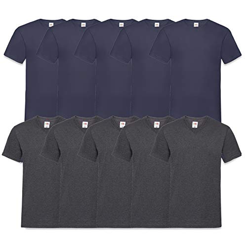 Fruit of the Loom 10 T Shirts V-Neck M L XL XXL 3XL 4XL 5XL V-Ausschnitt Diverse Farben -HL-Kauf (2XL, 5Navy5DarkHeather) von Fruit of the Loom