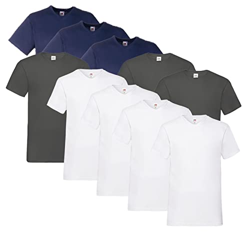 Fruit of the Loom 10 T Shirts V-Neck M L XL XXL 3XL 4XL 5XL V-Ausschnitt Diverse Farben -HL-Kauf (3XL, 4X Weiss, 3X Navy, 3X Graphit + 1 HLKauf Block) von Fruit of the Loom