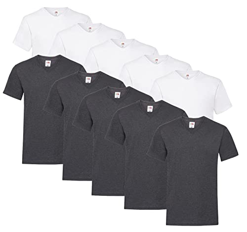 Fruit of the Loom 10 T Shirts V-Neck M L XL XXL 3XL 4XL 5XL V-Ausschnitt Diverse Farben -HL-Kauf (3XL, 5X Weiss, 5X Dark Heather + 1 HLKauf Block) von Fruit of the Loom
