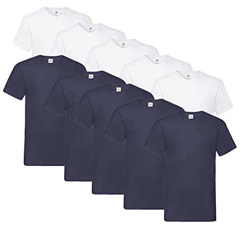 Fruit of the Loom 10 T Shirts V-Neck M L XL XXL 3XL 4XL 5XL V-Ausschnitt Diverse Farben -HL-Kauf (3XL, 5X Weiss, 5X Deep Navy + 1 HLKauf Block) von Fruit of the Loom