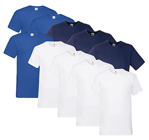 Fruit of the Loom 10 T Shirts V-Neck M L XL XXL 3XL 4XL 5XL V-Ausschnitt Diverse Farben -HL-Kauf (L, 4X Weiss, 3X Royal, 3X Navy + 1 HLKauf Block) von Fruit of the Loom