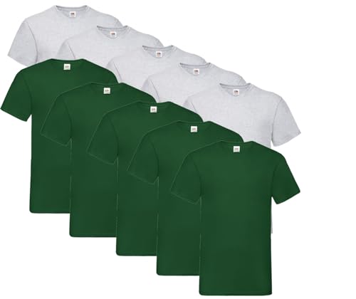 Fruit of the Loom 10 T Shirts V-Neck M L XL XXL 3XL 4XL 5XL V-Ausschnitt Diverse Farben -HL-Kauf (L, 5X Grau, 5X Flaschengrün + 1 HLKauf Block) von Fruit of the Loom