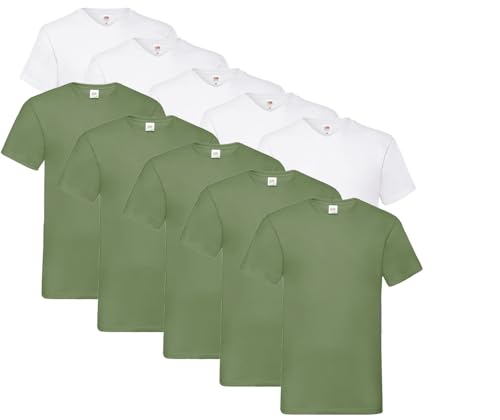 Fruit of the Loom 10 T Shirts V-Neck M L XL XXL 3XL 4XL 5XL V-Ausschnitt Diverse Farben -HL-Kauf (L, 5X Weiss, 5X Olive + 1 HLKauf Block) von Fruit of the Loom