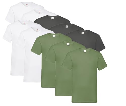 Fruit of the Loom 10 T Shirts V-Neck M L XL XXL 3XL 4XL 5XL V-Ausschnitt Diverse Farben -HL-Kauf (M, 4X Weiss, 3X Anthrazit, 3X Olive + 1 HLKauf Block) von Fruit of the Loom
