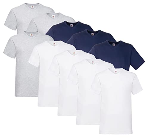 Fruit of the Loom 10 T Shirts V-Neck M L XL XXL 3XL 4XL 5XL V-Ausschnitt Diverse Farben -HL-Kauf (M, 4X Weiss, 3X Grau, 3X Navy + 1 HLKauf Block) von Fruit of the Loom