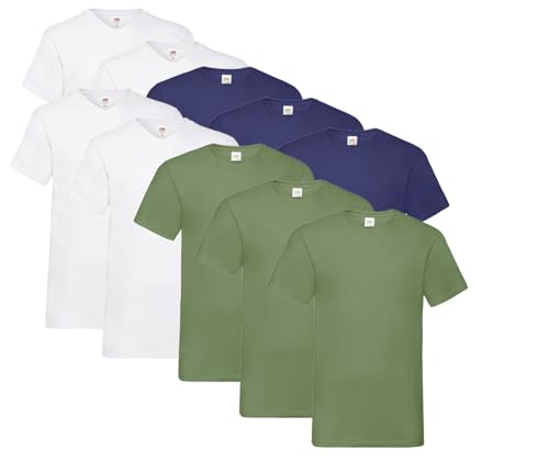 Fruit of the Loom 10 T Shirts V-Neck M L XL XXL 3XL 4XL 5XL V-Ausschnitt Diverse Farben -HL-Kauf (M, 4X Weiss, 3X Navy, 3X Olive + 1 HLKauf Block) von Fruit of the Loom