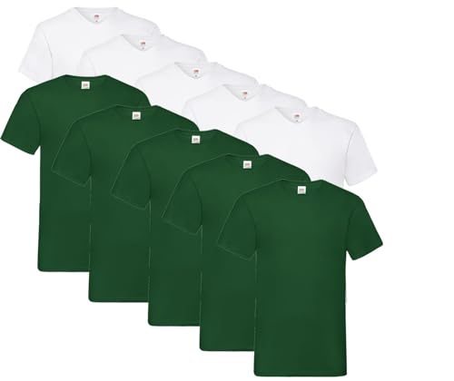 Fruit of the Loom 10 T Shirts V-Neck M L XL XXL 3XL 4XL 5XL V-Ausschnitt Diverse Farben -HL-Kauf (XL, 5X Weiss, 5X Flaschengrün + 1 HLKauf Block) von Fruit of the Loom
