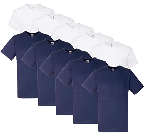 Fruit of the Loom 10 T Shirts V-Neck M L XL XXL 3XL 4XL 5XL V-Ausschnitt Diverse Farben -HL-Kauf (XL, 5X Weiss, 5X Navy + 1 HLKauf Block) von Fruit of the Loom