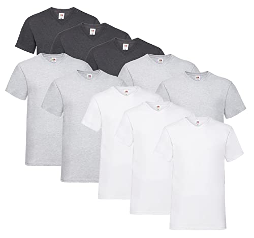 Fruit of the Loom 10 T Shirts V-Neck M L XL XXL 3XL 4XL 5XL V-Ausschnitt Diverse Farben -HL-Kauf (XXL, 4X Grau, 3X Weiss, 3X Dark Heather + 1 HLKauf Block) von Fruit of the Loom