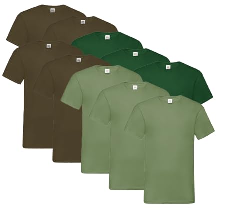 Fruit of the Loom 10 T Shirts V-Neck M L XL XXL 3XL 4XL 5XL V-Ausschnitt Diverse Farben -HL-Kauf (XXL, 4X Schoko, 3X Flaschengrün, 3X Olive + 1 HLKauf Block) von Fruit of the Loom