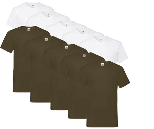 Fruit of the Loom 10 T Shirts V-Neck M L XL XXL 3XL 4XL 5XL V-Ausschnitt Diverse Farben -HL-Kauf (XXL, 5X Weiss, 5X Schoko + 1 HLKauf Block) von Fruit of the Loom