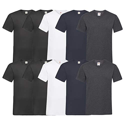 Fruit of the Loom 10 T Shirts V-Neck M L XL XXL 3XL 4XL 5XL V-Ausschnitt Diverse Farben -HL-Kauf (L, 4Schwarz2Weiß2D.Navy2D.Heather) von Fruit of the Loom