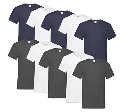 Fruit of the Loom 10 T Shirts V-Neck M L XL XXL V-Ausschnitt Diverse Farben auswählbar (3XL, 4Weiß/3Anthrazit/3Navy) von Fruit of the Loom