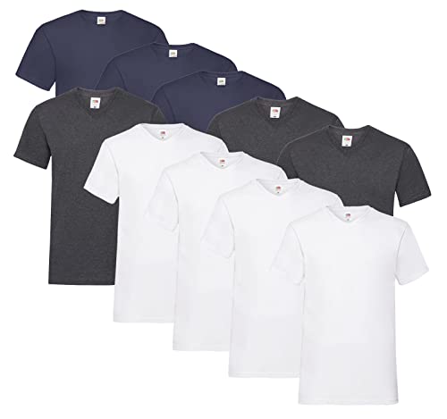 Fruit of the Loom 10 T Shirts V-Neck M L XL XXL V-Ausschnitt Diverse Farben auswählbar (3XL, 4X Weiss, 3X Deep Navy, 3X Dark Heather + 1 HLKauf Block) von Fruit of the Loom