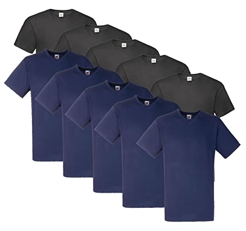 Fruit of the Loom 10 T Shirts V-Neck M L XL XXL V-Ausschnitt Diverse Farben auswählbar (L, 5X Schwarz, 5X Navy + 1 HLKauf Block) von Fruit of the Loom