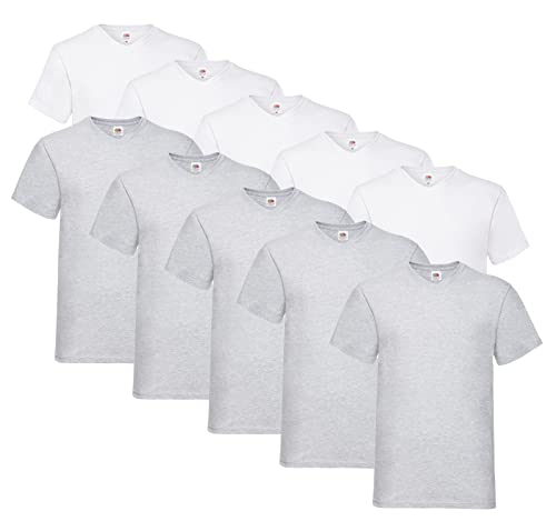 Fruit of the Loom 10 T Shirts V-Neck M L XL XXL V-Ausschnitt Diverse Farben auswählbar (L, 5X Weiss, 5X Grau + 1 HLKauf Block) von Fruit of the Loom