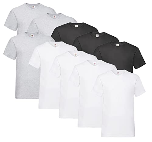 Fruit of the Loom 10 T Shirts V-Neck M L XL XXL V-Ausschnitt Diverse Farben auswählbar (XL, 4X Weiss, 3X Schwarz, 3X Grau + 1 HLKauf Block) von Fruit of the Loom