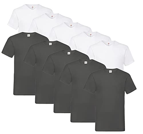 Fruit of the Loom 10 T Shirts V-Neck M L XL XXL V-Ausschnitt Diverse Farben auswählbar (XL, 5X Weiss, 5X Graphit + 1 HLKauf Block) von Fruit of the Loom
