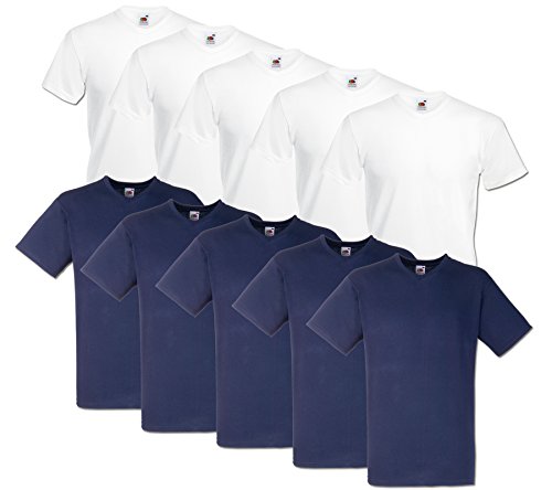 Fruit of the Loom 10 T Shirts V-Neck M L XL XXL V-Ausschnitt Diverse Farben auswählbar (XXL, 5Weiss/5Deep Navy) von Fruit of the Loom