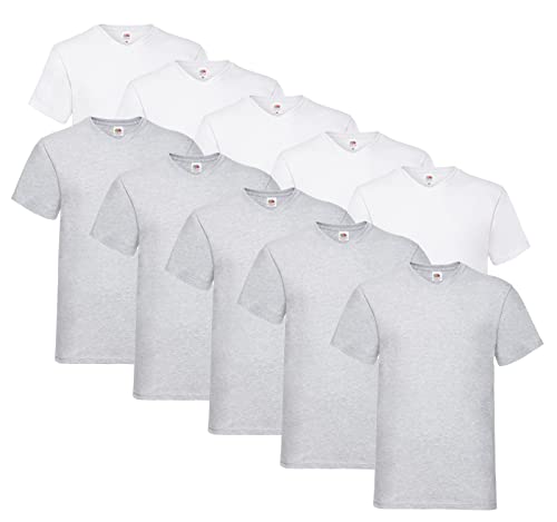 Fruit of the Loom 10 T Shirts V-Neck M L XL XXL V-Ausschnitt Diverse Farben auswählbar (XXL, 5X Weiss, 5X Grau + 1 HLKauf Block) von Fruit of the Loom