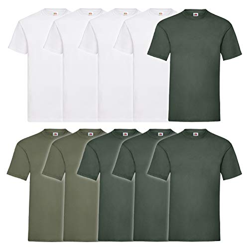 Fruit of the Loom 10 T Shirts Valueweight S M L XL XXL 3XL 4XL 5XL Übergröße Diverse Farbsets auswählbar, Größe:3XL, Farbe:4weiß/4flaschengrün/2olive von Fruit of the Loom