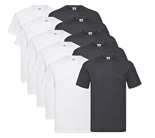 Fruit of the Loom 10 T Shirts Valueweight T Rundhals S M L XL XXL 3XL 4XL 5XL Übergröße Diverse Farbsets auswählbar, 5 Weiss / 5 Dark Heather + 1 HL Kauf Notizblock, 3XL von Fruit of the Loom