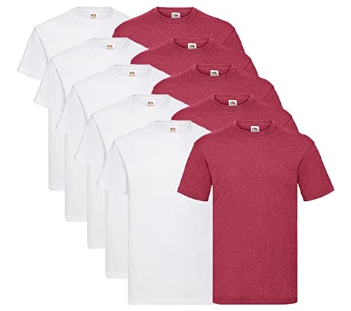 Fruit of the Loom 10 T Shirts Valueweight T Rundhals S M L XL XXL 3XL 4XL 5XL Übergröße Diverse Farbsets auswählbar, 5 Weiss / 5 Vintage Red + 1 HL Kauf Notizblock, M von Fruit of the Loom