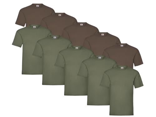 Fruit of the Loom 10er Pack Heavy T, Farbe:5X Schoko + 5X Olive + 1 HL Kauf Notizblock, Größe:L von Fruit of the Loom
