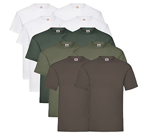 Fruit of the Loom 10er Pack Valueweight T-Shirt Größe S - 5XL T-Shirts in vielen Farben, 4 Weiss / 2 Flaschengrün / 2 Olive / 2 Schoko + 1 HL Kauf Notizblock, L von Fruit of the Loom