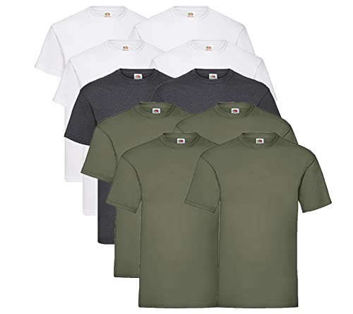 Fruit of the Loom 10er Pack Valueweight T-Shirt Größe S - 5XL T-Shirts in vielen Farben, 4 Weiss / 4 Olive / 2 Dark Heather + 1 HL Kauf Notizblock, L von Fruit of the Loom