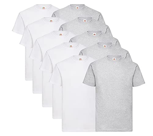 Fruit of the Loom 10er Pack Valueweight T-Shirt Größe S - 5XL T-Shirts in vielen Farben, 5 Weiss / 5 Grau + 1 HL Kauf Notizblock, S von Fruit of the Loom