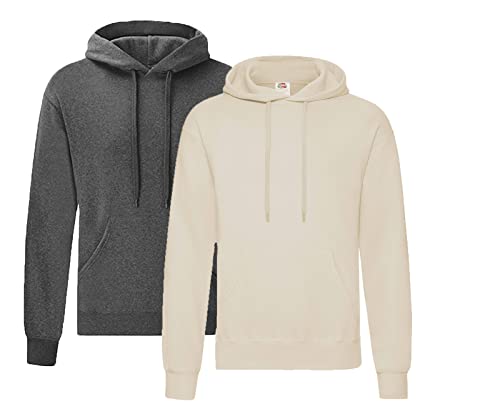 FRUIT OF THE LOOM 2er Classic Hooded Sweat Set Herren Kapuzenpullover Sweatshirt M L XL 2XL 3XL 4XL 5XL Farbsets & HLKauf-Block (M, 1x Dark Heather & 1x Natur & 1x HLKauf-Block) von FRUIT OF THE LOOM