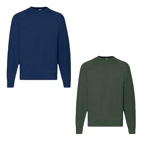Fruit of the Loom 2er Herren Sweatshirt Classic Raglan Sweat Shirt Verschiedene Farbsets & HLKauf-Block (DE/NL/SE/PL, Alphanumerisch, M, Regular, Regular, Navy, Flaschengrün & HLKauf-Block) von Fruit of the Loom