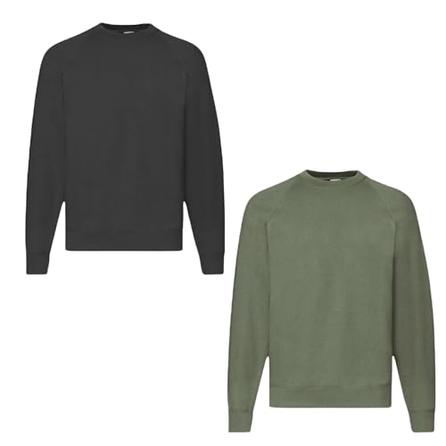 Fruit of the Loom 2er Herren Sweatshirt Classic Raglan Sweat Shirt Verschiedene Farbsets & HLKauf-Block (DE/NL/SE/PL, Alphanumerisch, M, Regular, Regular, Schwarz, Olive & HLKauf-Block) von Fruit of the Loom