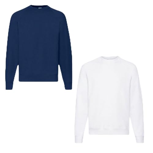 Fruit of the Loom 2er Herren Sweatshirt Classic Raglan Sweat Shirt Verschiedene Farbsets & HLKauf-Block (DE/NL/SE/PL, Alphanumerisch, XL, Regular, Regular, Navy, Weiss & HLKauf-Block) von Fruit of the Loom
