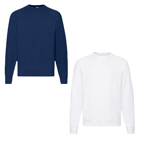 Fruit of the Loom 2er Herren Sweatshirt Classic Raglan Sweat Shirt Verschiedene Farbsets & HLKauf-Block (DE/NL/SE/PL, Alphanumerisch, XXL, Regular, Regular, Navy, Weiss & HLKauf-Block) von Fruit of the Loom