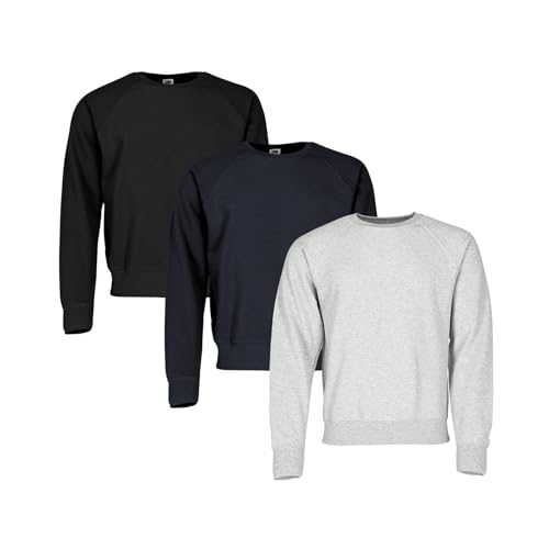 Fruit of the Loom 3er-Pack Classic Raglan Sweat Sweatshirt Herren, Black + Deep Navy + Heather Grey, L von Fruit of the Loom