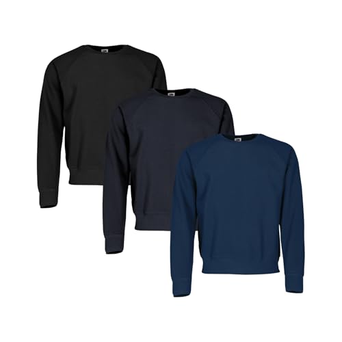 Fruit of the Loom 3er-Pack Classic Raglan Sweat Sweatshirt Herren, Black + Deep Navy + Navy, L von Fruit of the Loom