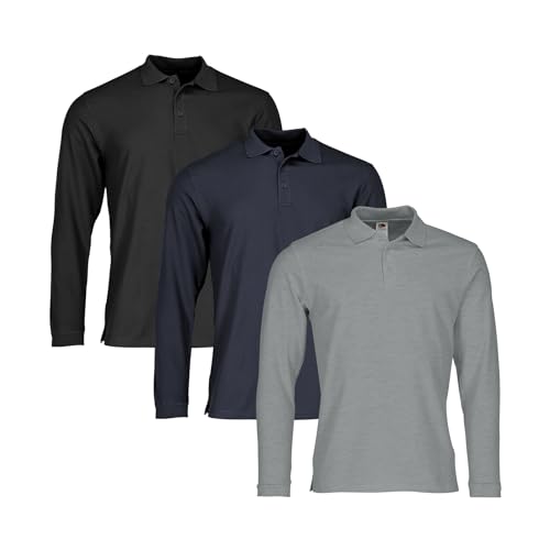 Fruit of the Loom 3er Pack Premium Long Sleeve Polo Herren Langarm Poloshirt, Black + Deep Navy + Athletic Heather, M von Fruit of the Loom